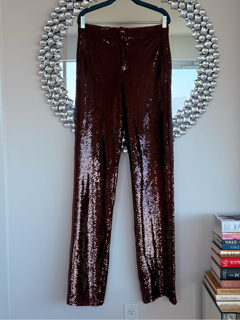 Burgundy Sequin Straight-Leg Pants